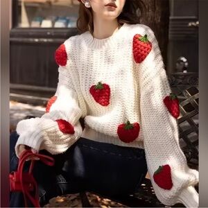 Strawberry Patterned White Sweater